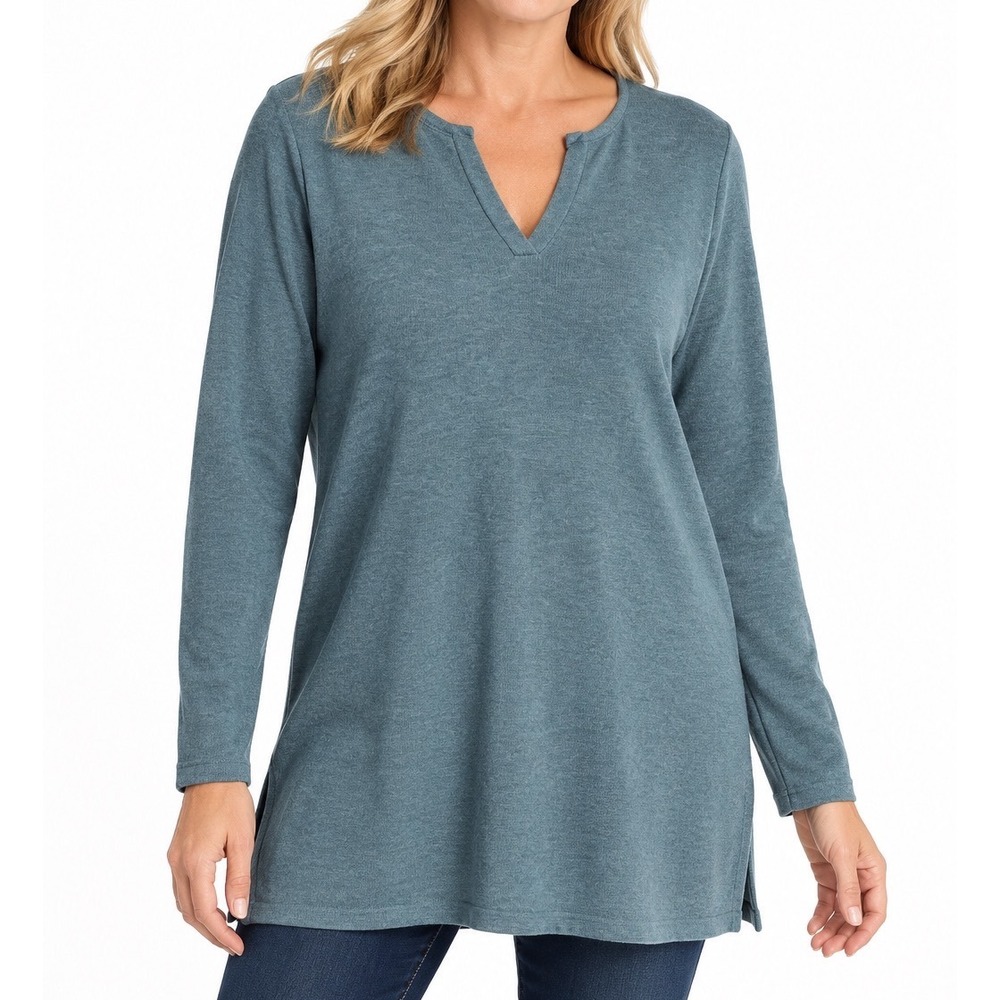 J. Jill Women Blue Cotton Blend Split Neck Long Sleeve Tunic Sweater Size L